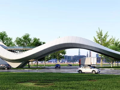 Modern Curved Bridge Design In Urban Landscape With Trees And Moving Cars 3d model