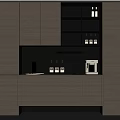 Modern Wooden Wine Cabinet With Marble Countertop Wine Bottles And Decorative Sculpture