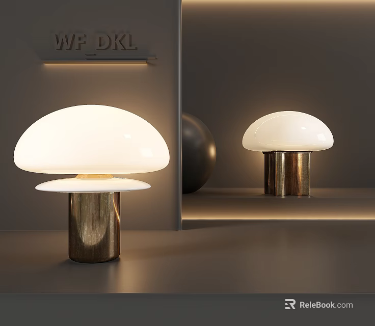 Modern Mushroom Shaped Table Lamp With White Glass Shade And Brass Base In Minimalist Grey 3d model 