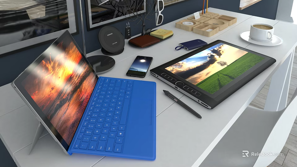 Modern Portable Laptops On Office Desk With Tablet Smartphone And Tech Accessories 3d model