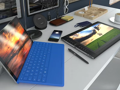 Modern Portable Laptops On Office Desk With Tablet Smartphone And Tech Accessories 3d model