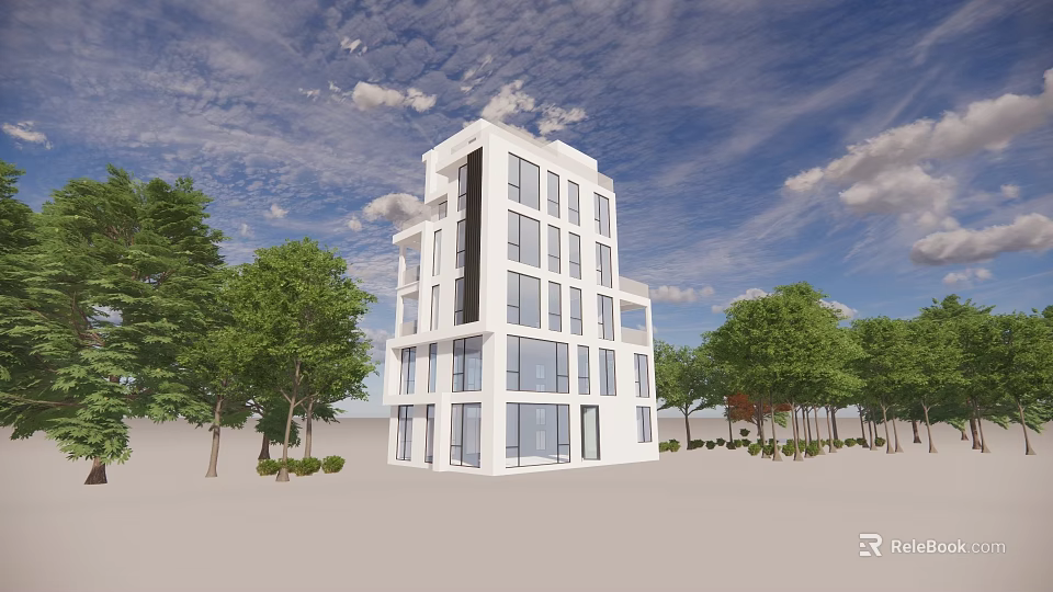 Modern White Single Family House With Multiple Floors Large Glass Windows And Trees 3d model 