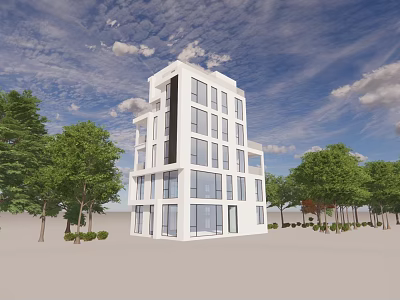 Modern White Single Family House With Multiple Floors Large Glass Windows And Trees 3d model