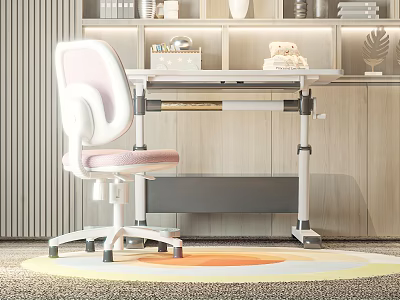 Modern Kids Study Desk And Chair Set With Pink Cushioned Seat White Metal Frame For Bedroom 3d model