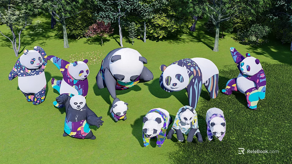 Colorful Panda Landscape Sculptures With Various Poses In Green Grass And Trees 3d model 