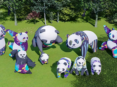 Colorful Panda Landscape Sculptures With Various Poses In Green Grass And Trees 3d model