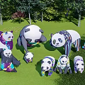 Colorful Panda Landscape Sculptures With Various Poses In Green Grass And Trees