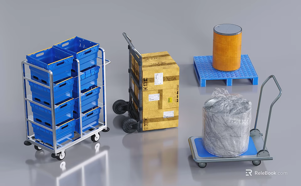 Industrial Equipment With Blue Multi Layer Carts Hand Trucks Pallets Orange Drums And Coiled Materials 3d model 