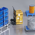 Industrial Equipment With Blue Multi Layer Carts Hand Trucks Pallets Orange Drums And Coiled Materials