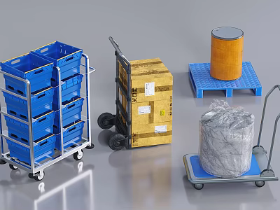 Industrial Equipment With Blue Multi Layer Carts Hand Trucks Pallets Orange Drums And Coiled Materials 3d model