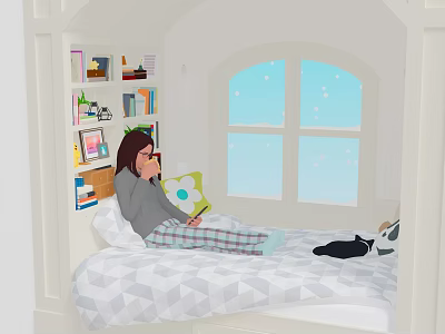 Cartoon Scene Featuring Girl on Bed Reading Book With Mug Near Snowy Window Black Cat 3d model