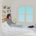 Cartoon Scene Featuring Girl on Bed Reading Book With Mug Near Snowy Window Black Cat