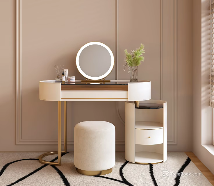 Modern Dressing Table With Round Mirror Golden Legs White Stool Green Plant And Beige Wall 3d model 