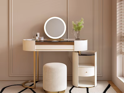 Modern Dressing Table With Round Mirror Golden Legs White Stool Green Plant And Beige Wall 3d model