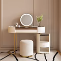 Modern Dressing Table With Round Mirror Golden Legs White Stool Green Plant And Beige Wall