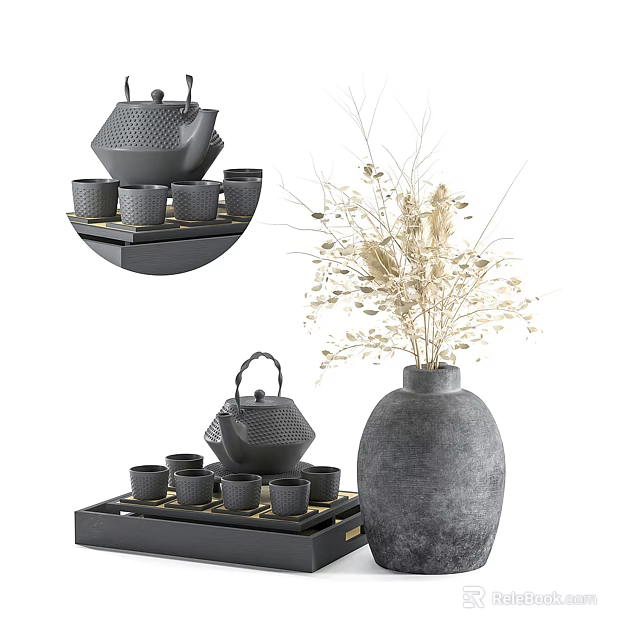 Modern Tea Set With Black Teapot Teacups On Tray And Vase With Dried Flowers 3d model 