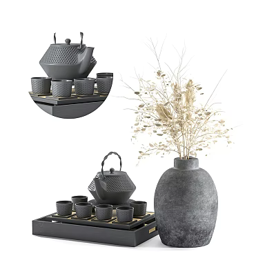 Modern Tea Set With Black Teapot Teacups On Tray And Vase With Dried Flowers 3d model