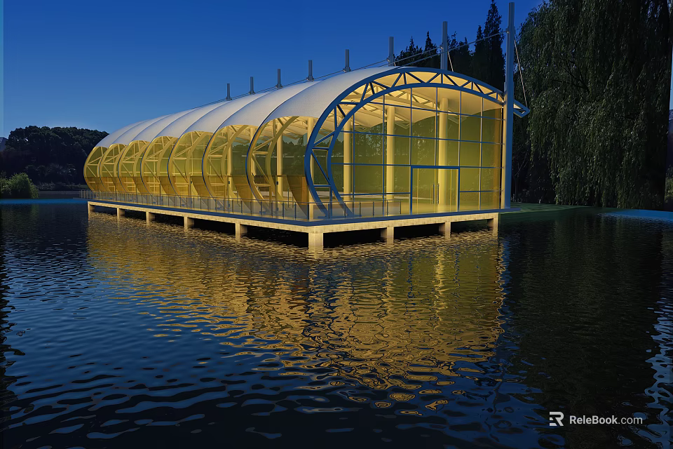 Floating Glass Building With Arch Design And Evening Light Reflections On Lake 3d model 