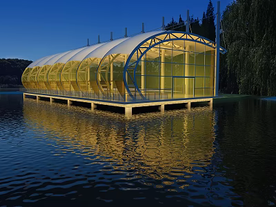 Floating Glass Building With Arch Design And Evening Light Reflections On Lake 3d model