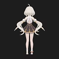 Anime Style Woman With White Hair Black And Gold Dress White Gloves And Socks