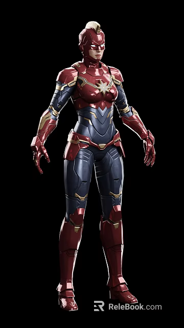 Superhero Character In Blue Red Metallic Armor With Gold Accents And Warrior Design 3d model 