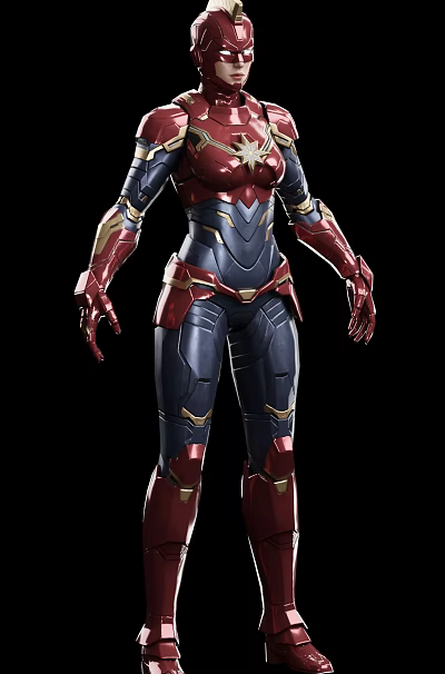 Superhero Character In Blue Red Metallic Armor With Gold Accents And Warrior Design 3d model