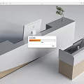 Modern Reception Desk Design With White Surface Wooden Base Small Side Cabinet And Potted Plant