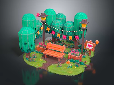 Vibrant Garden Scene With Green Trees Bench Lanterns Bunting Flags And Flower Beds 3d model