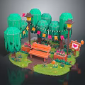 Vibrant Garden Scene With Green Trees Bench Lanterns Bunting Flags And Flower Beds