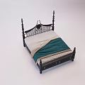 Classic Black Wooden Double Bed With Tall Posts Decorative Headboard And Striped Green Beige Bedding