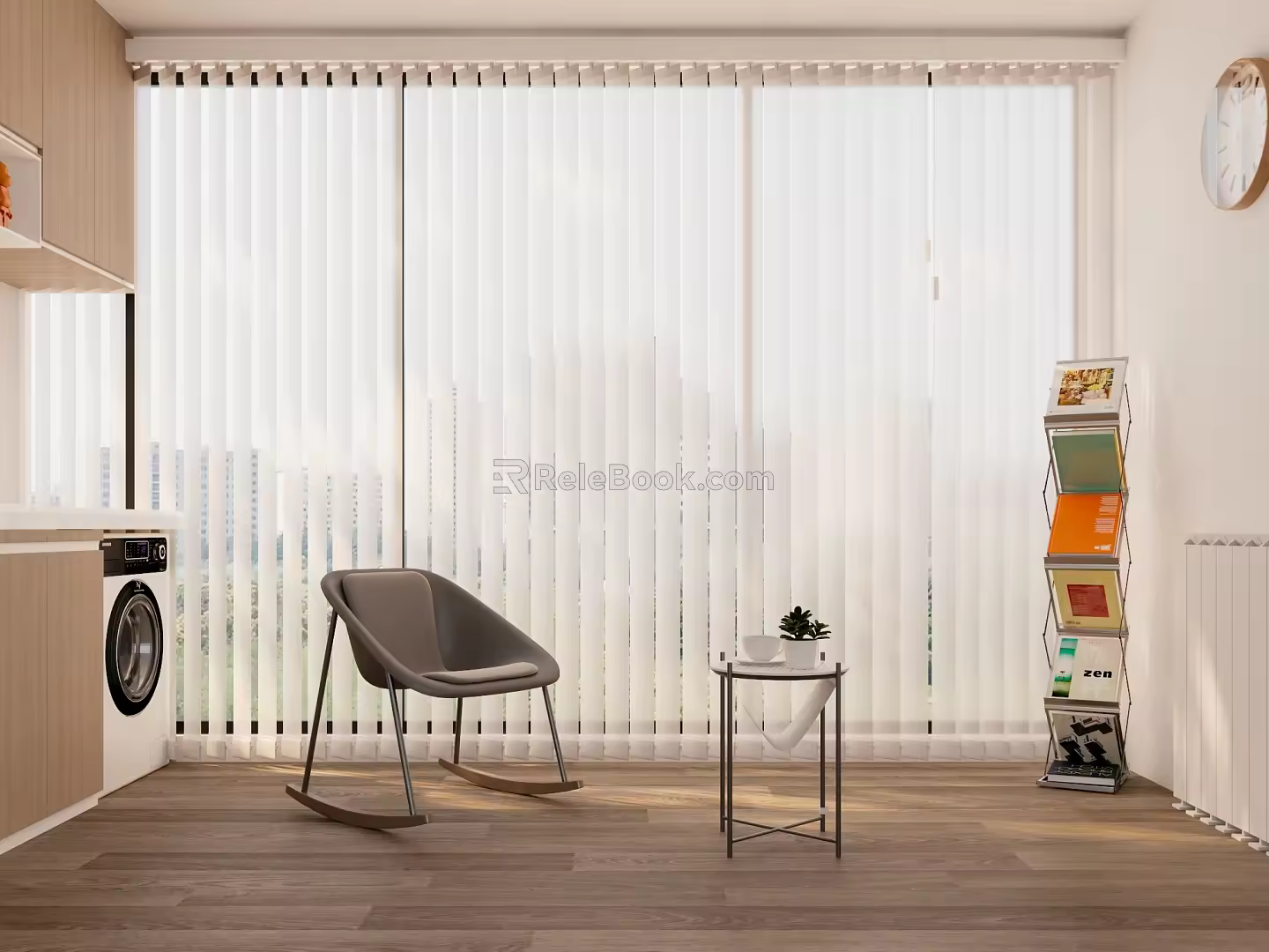 Modern Cream Balcony Washing Machine Trendy Coffee Table Potted Clock Bookshelf Sofa Curtain Floor-to-Floor Window 3d model