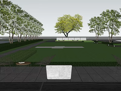 Tranquil Garden Landscape With Neat Lawn Tall Trees Stone Bench And Pathways 3d model