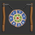Dartboard Setup With Orange Stand Blue Board Numbers And Hanging Chains