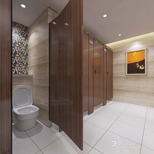 Modern Public Restroom With Wooden Partitions White Tiled Floor And Decorative Painting 3d model 