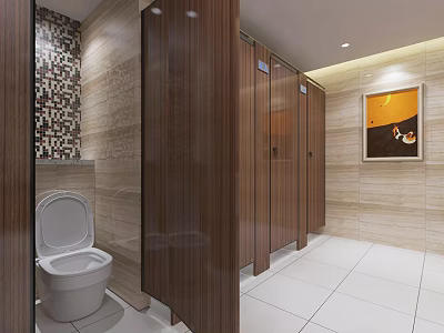 Modern Public Restroom With Wooden Partitions White Tiled Floor And Decorative Painting 3d model