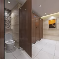 Modern Public Restroom With Wooden Partitions White Tiled Floor And Decorative Painting