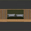 Double Bed With Wooden Vertical Slats Headboard Green Upholstered Panel And Matching Nightstands