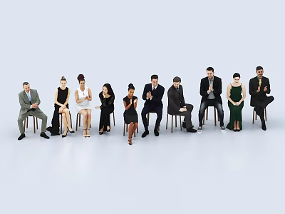 Group of Diverse People Seated on Chairs in Various Attire Against White Background 3d model