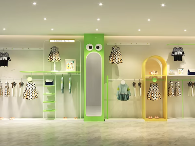 Kids Clothing Store Interior With Green Cartoon Mirror Yellow Display Racks And Hanging Clothes 3d model