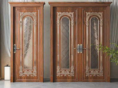 Wooden Swing Doors With Carved Details And Glass Panels For Home Interior 3d model
