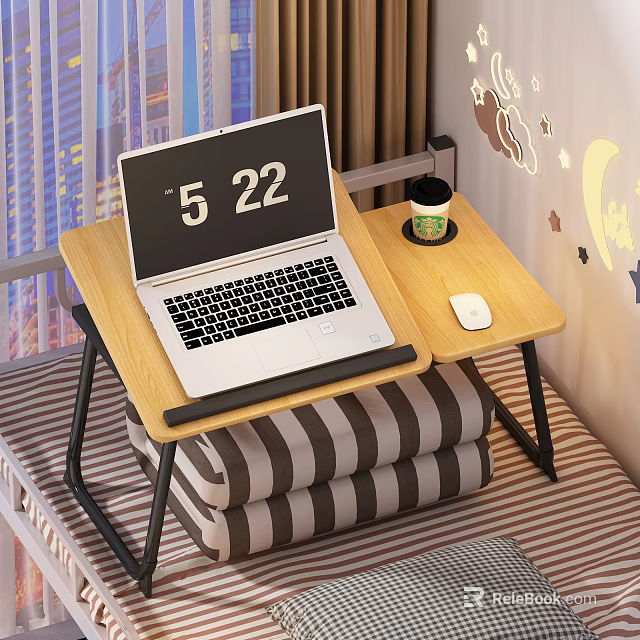 Bed Desk with Laptop Coffee Cup Mouse on Wooden Top and Black Frame 3d model 