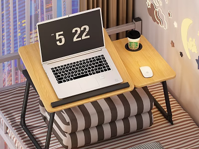 Bed Desk with Laptop Coffee Cup Mouse on Wooden Top and Black Frame 3d model