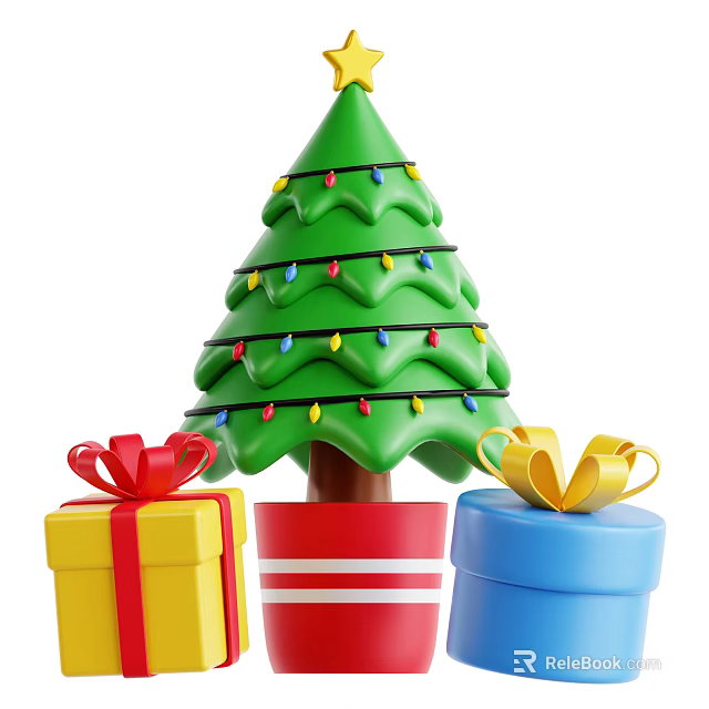 Festive Christmas Decorative Ornament Set with Green Tree Colorful Lights and Gift Boxes 3d model 
