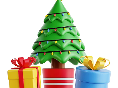 Festive Christmas Decorative Ornament Set with Green Tree Colorful Lights and Gift Boxes 3d model