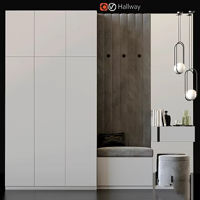 Modern Entryway Hallway Interior With White Storage Cabinets Coat Hooks Gray Bench And Pendant Lights 3d model