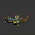Colorful Small Water Transport Boat with Blue Hull Antenna Cargo Boxes and Decorative Details