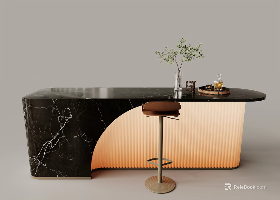 Modern Black Marble Bar Counter With Light Orange Striped Panel Brown Stool Green Plant Decor 3d model 