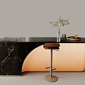 Modern Black Marble Bar Counter With Light Orange Striped Panel Brown Stool Green Plant Decor
