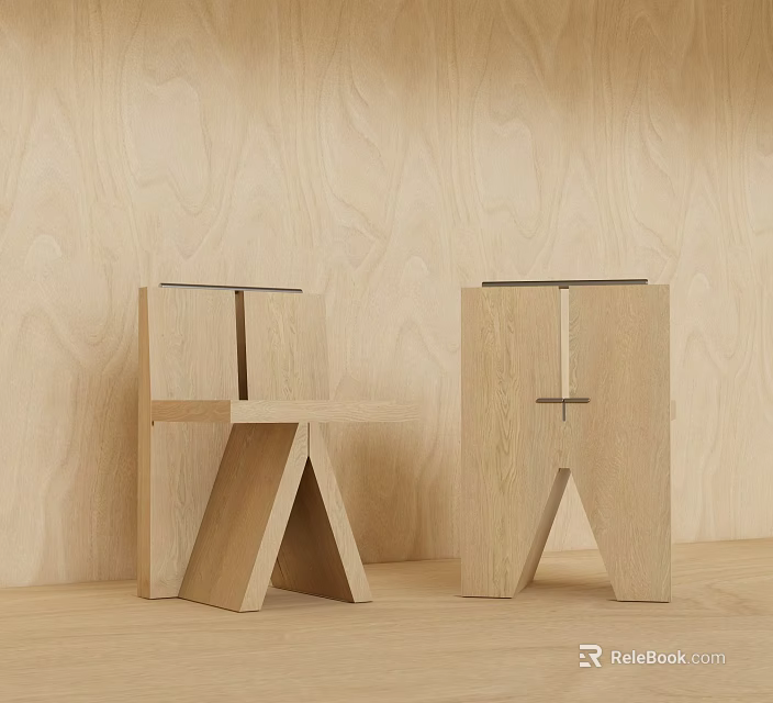 Modern Minimalist Wooden Dining Chairs With Geometric Structure Against Wooden Wall 3d model 