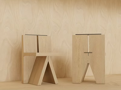 Modern Minimalist Wooden Dining Chairs With Geometric Structure Against Wooden Wall 3d model